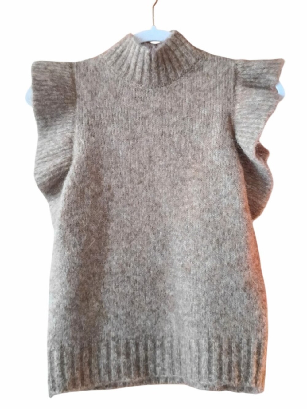 ZARA New Woman Wool Blend Sweater Top Ruffle Sleeves Beige Knit SMALL